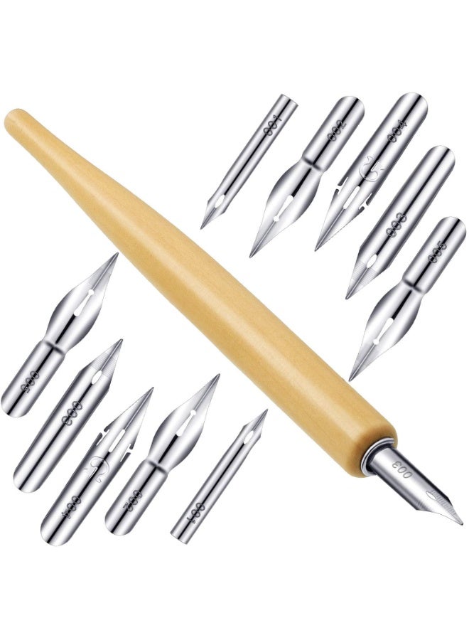 Peachjoy 11 Pieces Comic Pen Nib Set, G-Pen Ink Nib Stainless Steel Drawing Comic Pen Nib Calligraphy Nibs with Wooden Comic Pen Nibs Holder for Writing, Painting, Signing, White - Image 1